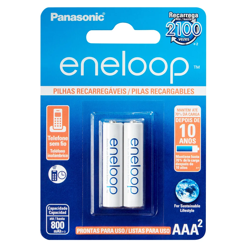 Pilha Recarregável AAA Panasonic, 2 Unidades, 800mA - BK-4MCCE/2B Pilha Recarregável AAA Panasonic, 2 Unidades, 800mA - BK-4MCCE/2B