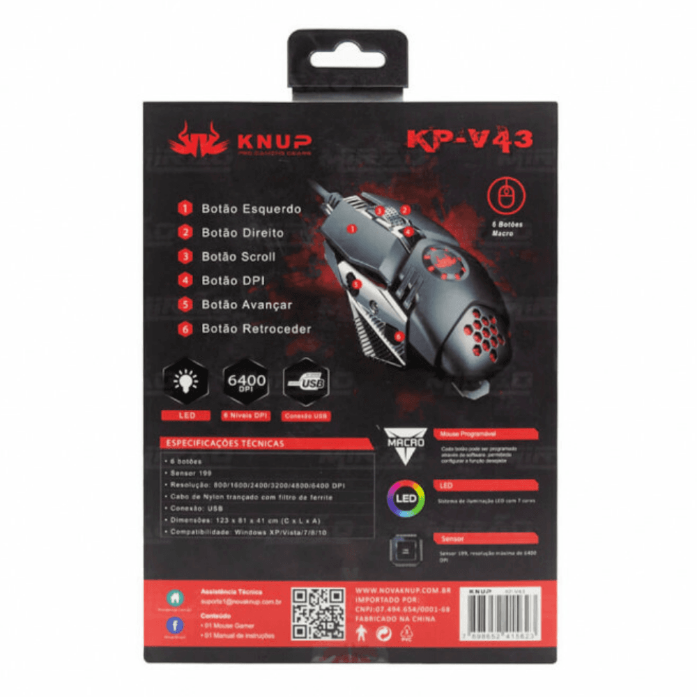 Mouse Gamer  Knup KP-V43, LED, 6400DPI, 6 Botões, Preto e Vermelho