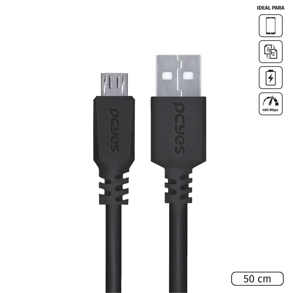 Imagem 5 de 5 do produto Cabo Micro USB Para USB PCYES Pmuap-05 A 2.0 Para Celular 50cm Preto