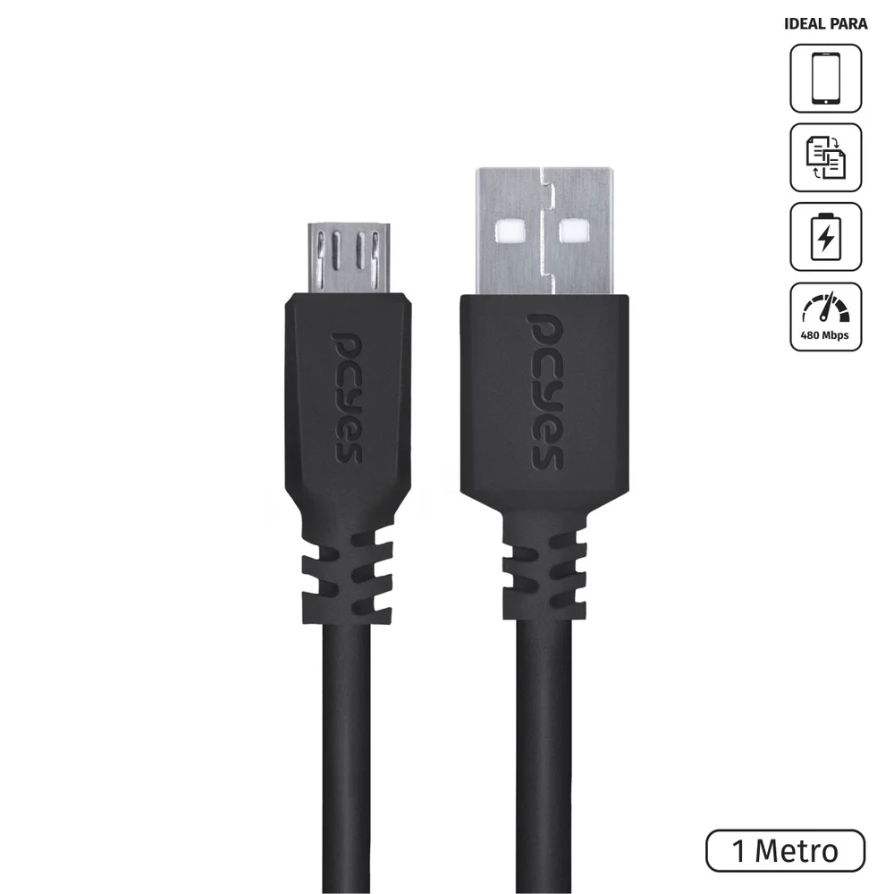 Imagem 5 de 5 do produto Cabo Micro USB x USB A 2.0 Pcyes, Para Celular, 1M, Preto - PMUAP-1