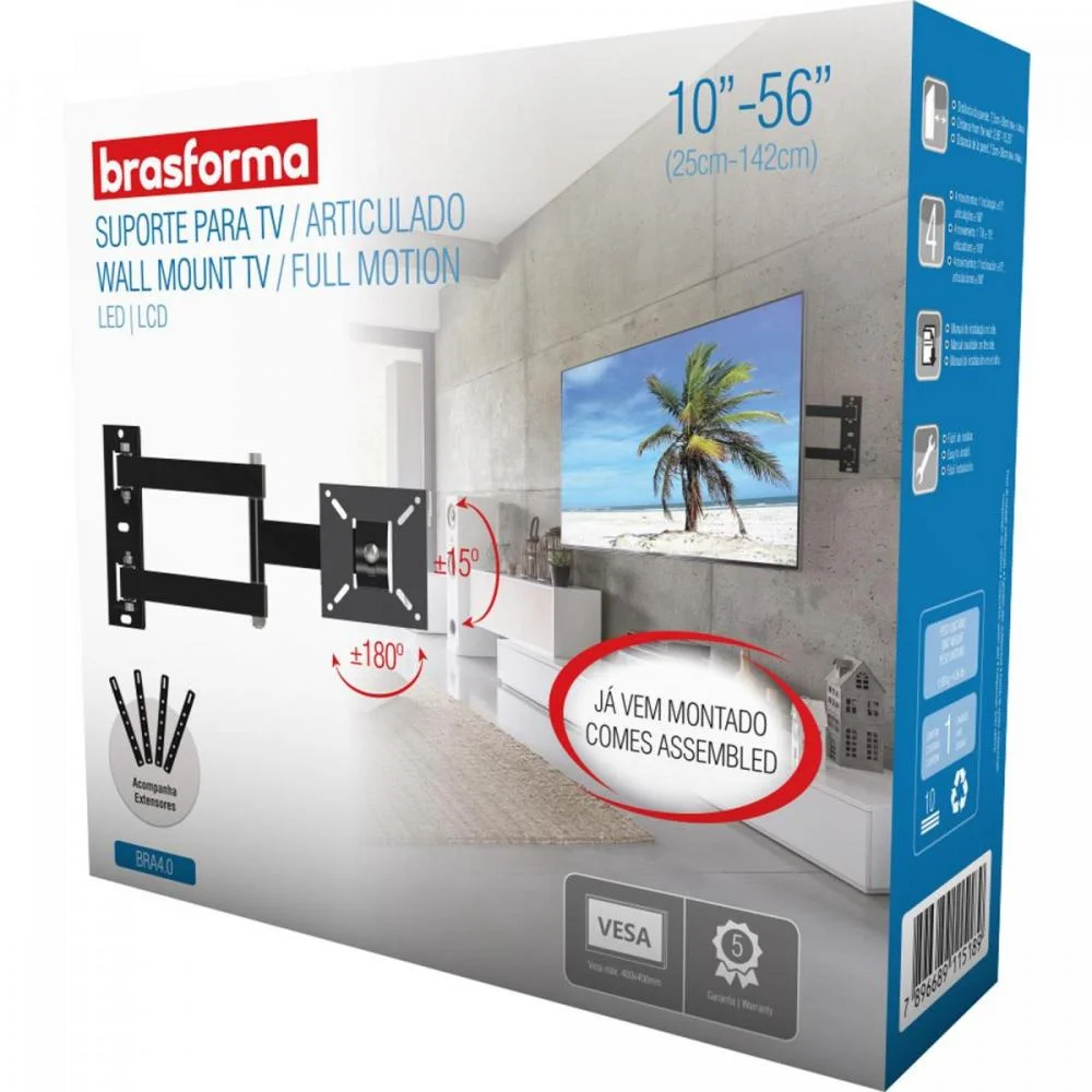 Imagem 2 de 5 do produto Suporte para TV Brasforma Bra4.0, de 10 até 56pol, Articulado, Preto