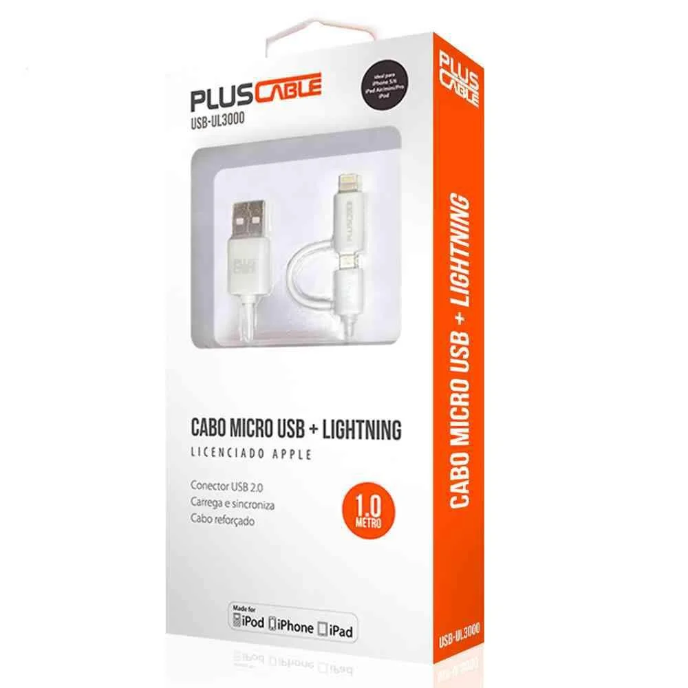 Imagem 2 de 3 do produto Cabo Lightning e Micro Usb para Usb 2 em 1 , C3Tech, Usb-ul3000wh