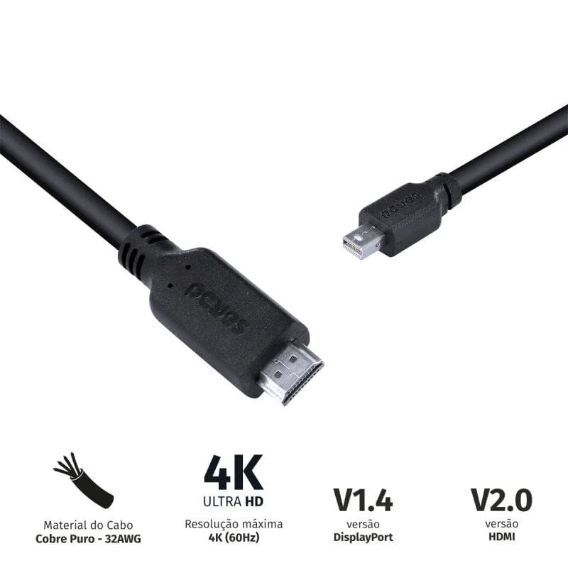 Imagem 2 de 5 do produto Cabo Mini Displayport Macho para Hdmi 2.0 Macho 2 Metros - Pmdph4k-2