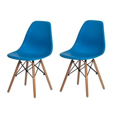 Kit 2 Cadeiras Charles Eames Eiffel Azul Base Madeira Sala Cozinha Jantar