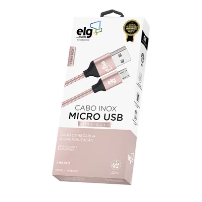 Cabo Micro Usb, Sincronização E Recarga 12w 2.4a, Aço Inox Ultra Resistente, 1 Metro, Rose Gold, Inx510rg, Elg