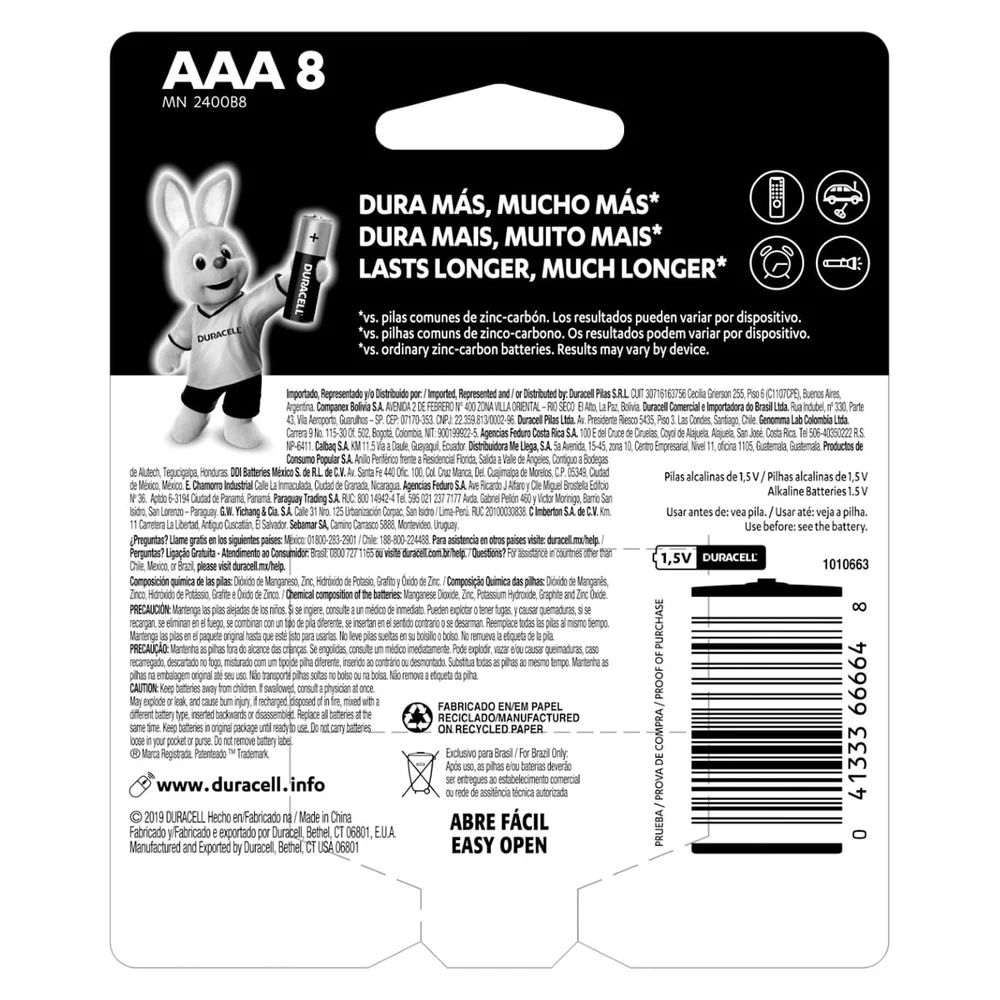 Pilha Alcalina Duracell, AAA , 8 Unidades