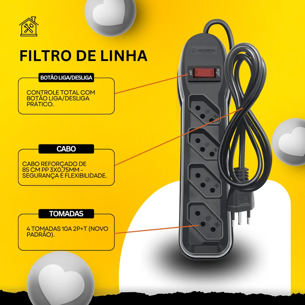 Imagem 2 de 5 do produto Filtro De Linha Megatron 4 Tomadas 45° Pp 0.75mm Comprimento 1m