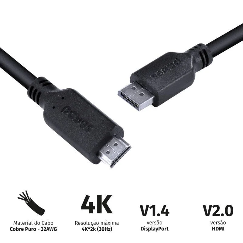 Imagem 2 de 5 do produto Cabo Displayport Macho para Hdmi 2.0 Macho 2 Metros - Pdphm-2