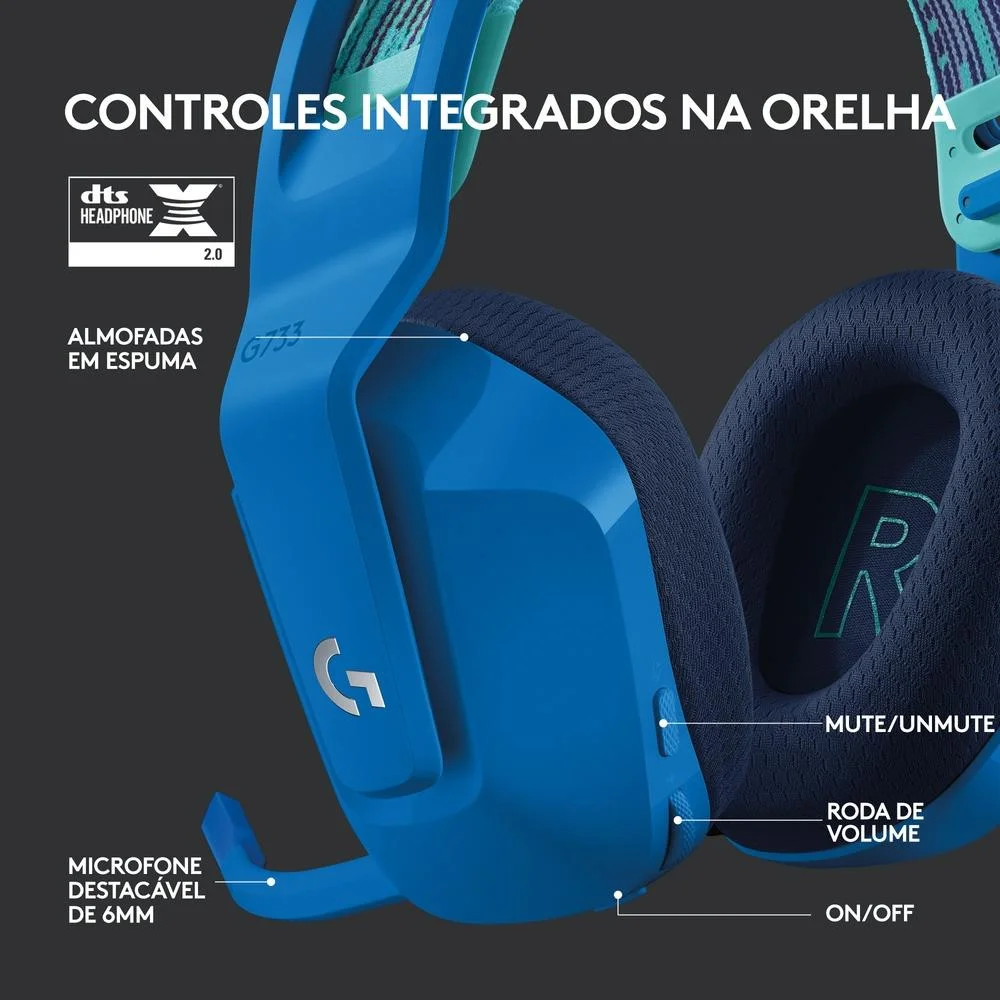 Imagem 2 de 5 do produto Headset Gamer Sem Fio Logitech G733 7.1 Dolby Surround, RGB Com Blue Voice Para Pc E Playstation Azul