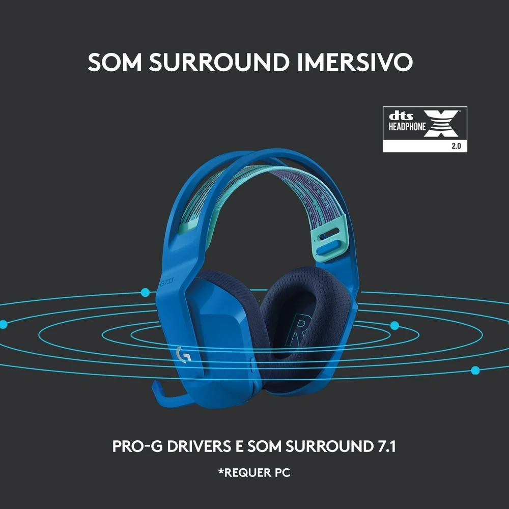 Imagem 4 de 5 do produto Headset Gamer Sem Fio Logitech G733 7.1 Dolby Surround, RGB Com Blue Voice Para Pc E Playstation Azul