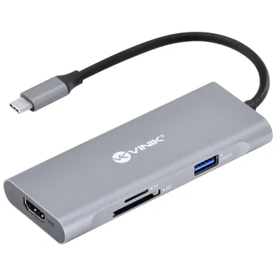 HUB Vinik USB-C, 7 Em 1, Com 3 USB 3.0, Leitor De Cartão SD/TF, HDMI, Tipo C, Com Power Delivery - PD 60W -HC-7