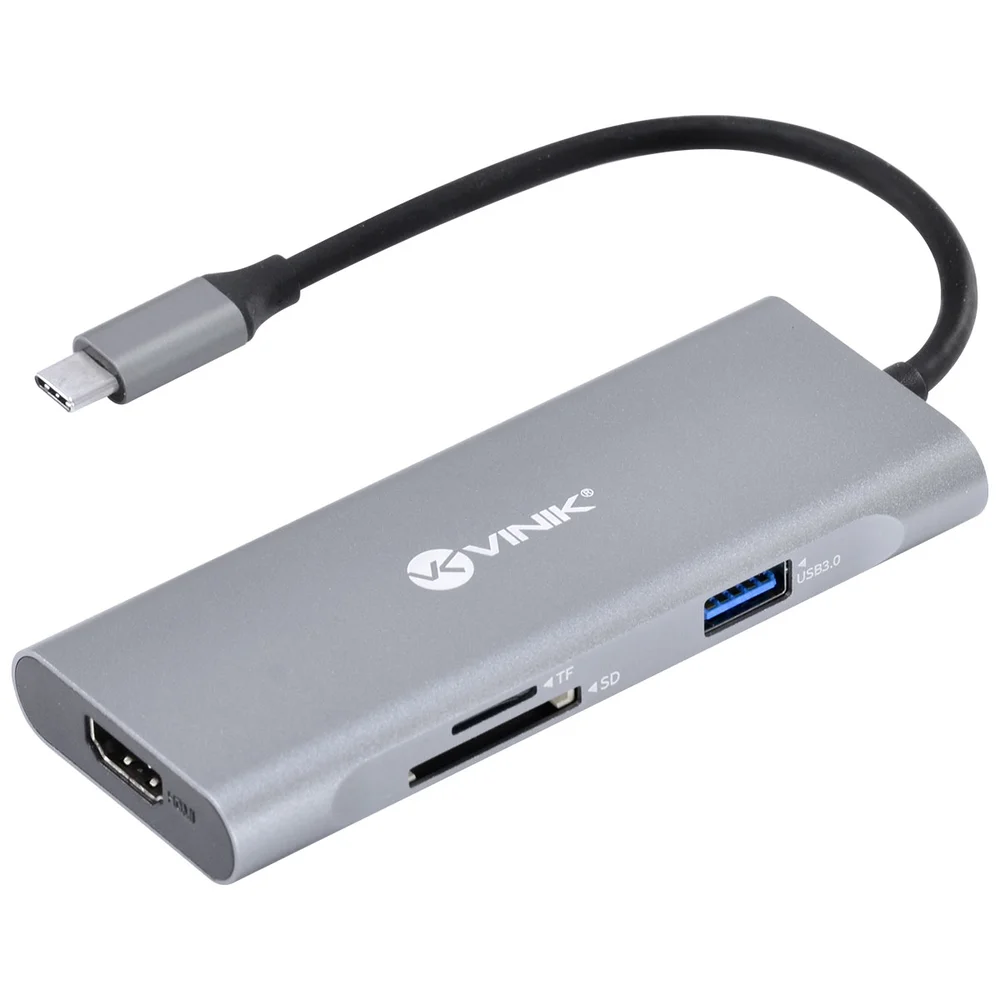 HUB Vinik USB-C, 7 Em 1, Com 3 USB 3.0, Leitor De Cartão SD/TF, HDMI, Tipo C, Com Power Delivery - PD 60W -HC-7
