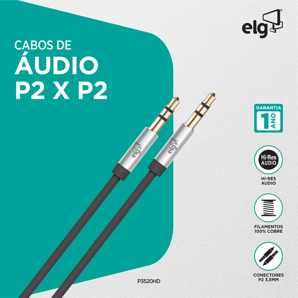 Imagem 2 de 5 do produto Cabo De Áudio Estéreo P2xp2, Alta Definição, Conectores Banhados A Ouro 24k, 2 Metros, Preto, P3520hd, Elg