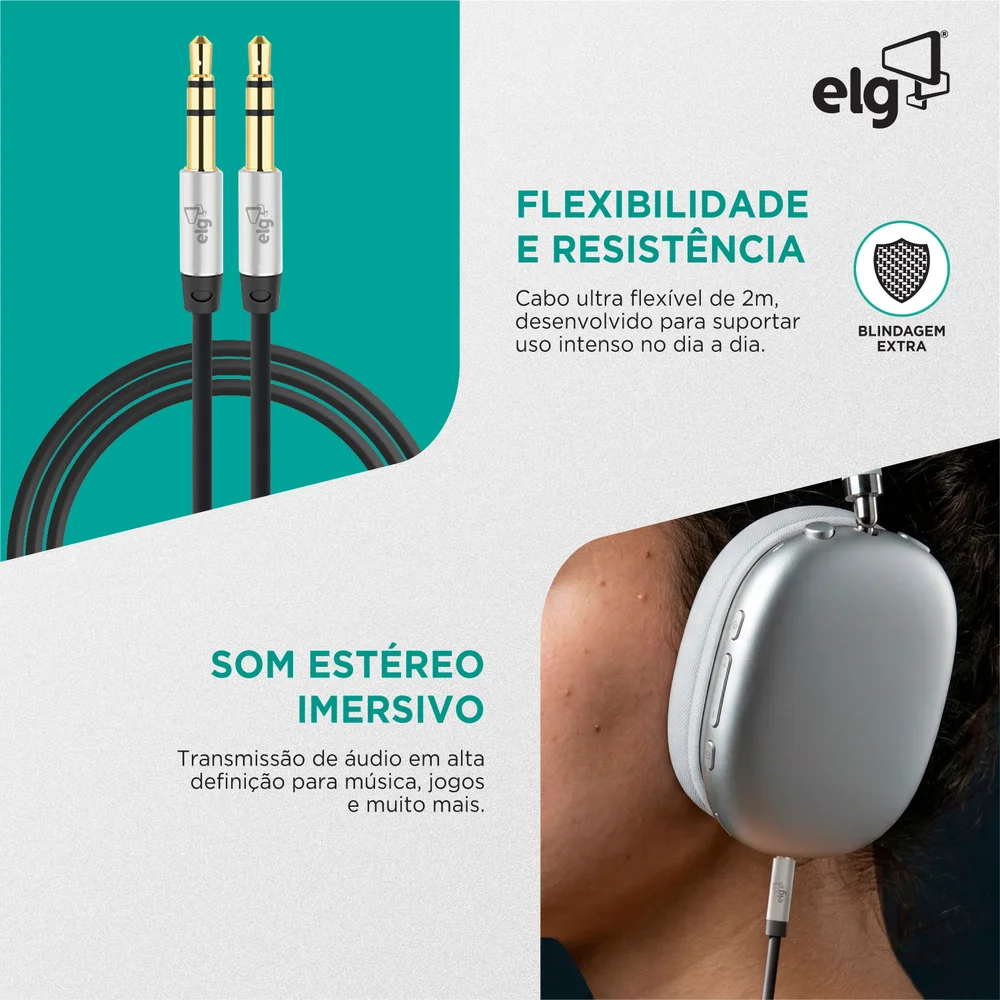 Imagem 3 de 5 do produto Cabo De Áudio Estéreo P2xp2, Alta Definição, Conectores Banhados A Ouro 24k, 2 Metros, Preto, P3520hd, Elg