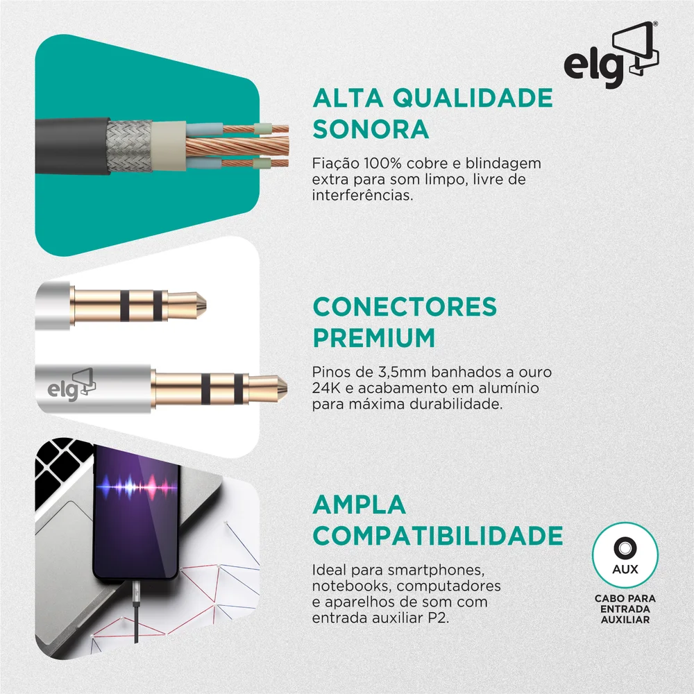Imagem 5 de 5 do produto Cabo De Áudio Estéreo P2xp2, Alta Definição, Conectores Banhados A Ouro 24k, 2 Metros, Preto, P3520hd, Elg