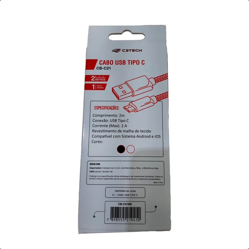 Imagem 2 de 5 do produto Cabo Usb C3tech Cb-c21bk Tipo C 2 Metros 2a - Preto
