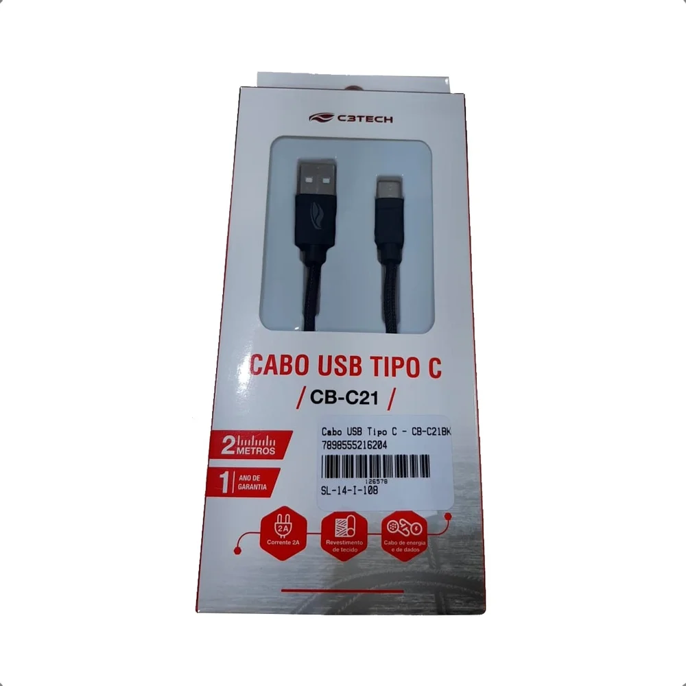 Imagem 3 de 5 do produto Cabo Usb C3tech Cb-c21bk Tipo C 2 Metros 2a - Preto