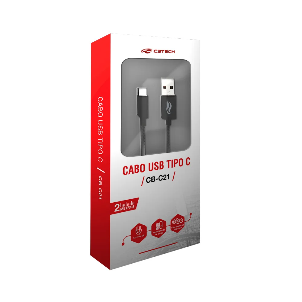 Imagem 4 de 5 do produto Cabo Usb C3tech Cb-c21bk Tipo C 2 Metros 2a - Preto