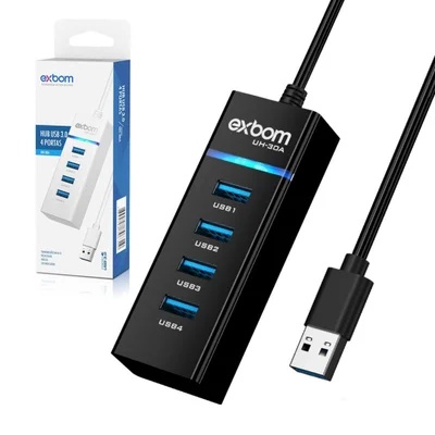 HUB USB 3.0 4 Portas, Com LED, 5.0GB/s, Exbom, Preto - Uh-30a