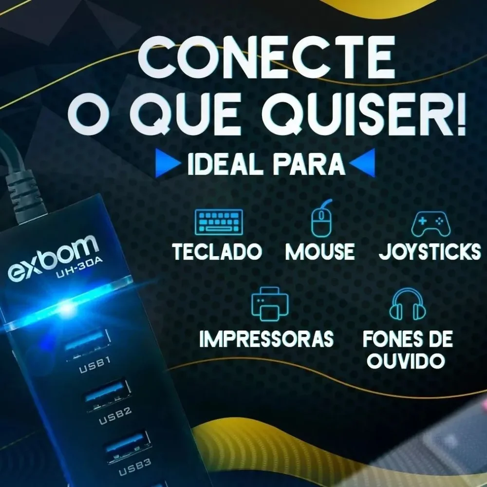 Imagem 2 de 4 do produto HUB USB 3.0 4 Portas, Com LED, 5.0GB/s, Exbom, Preto - Uh-30a