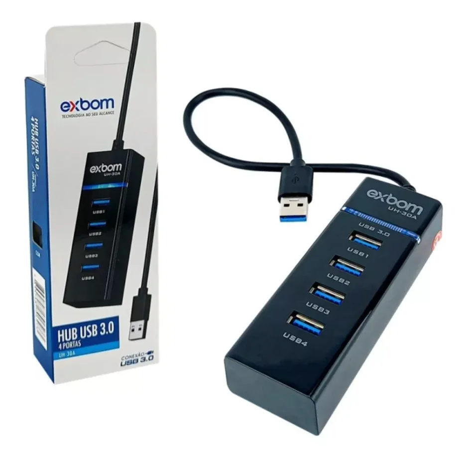 Imagem 3 de 4 do produto HUB USB 3.0 4 Portas, Com LED, 5.0GB/s, Exbom, Preto - Uh-30a