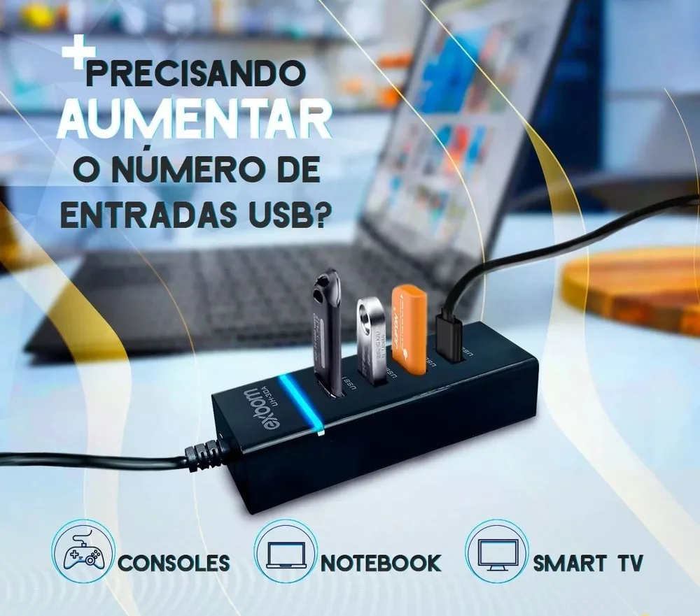 Imagem 4 de 4 do produto HUB USB 3.0 4 Portas, Com LED, 5.0GB/s, Exbom, Preto - Uh-30a