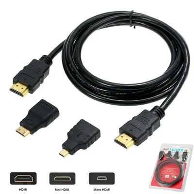 Cabo Hdmi 1080p 3x1 Com 2 Adaptadores Pontas Micro E Mini Hdmi
