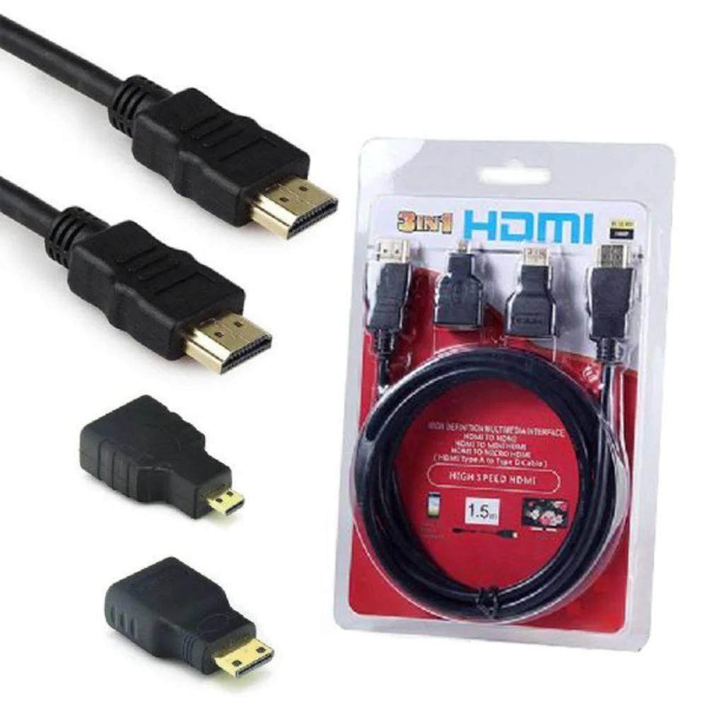 Imagem 2 de 2 do produto Cabo Hdmi 1080p 3x1 Com 2 Adaptadores Pontas Micro E Mini Hdmi