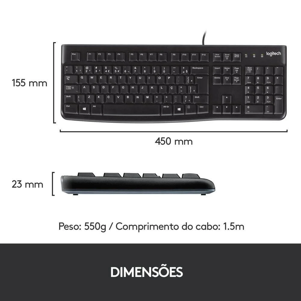 Imagem 2 de 5 do produto Teclado Com Fio Usb Logitech K120 Resistente À Respingos E Layout Abnt2 -920-004423