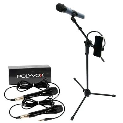 Kit Pedestal Tripé Universal Para Microfone Com Suporte P/ Celular + 2 Microfones Com Fio