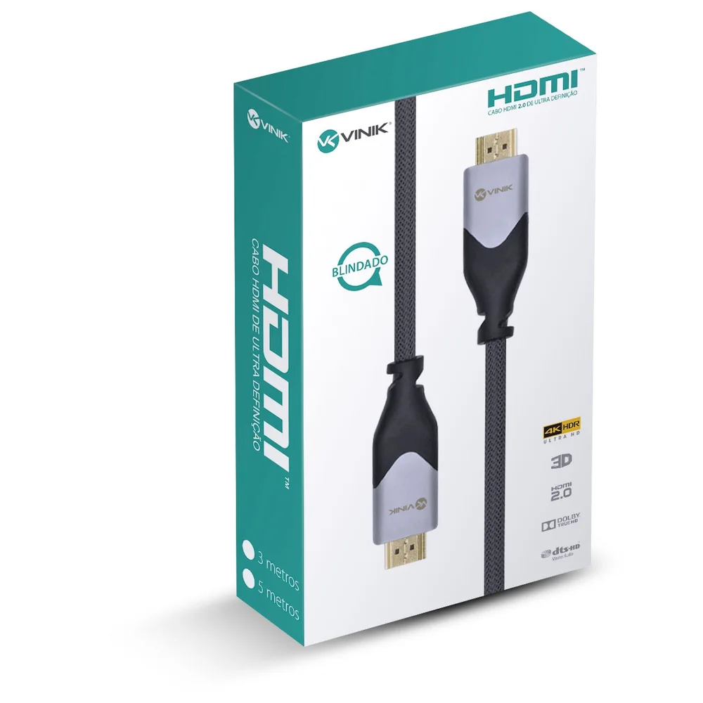Imagem 2 de 5 do produto Cabo HDMI 2.0 Vinik, 4K Ultra HD, 3D, Ethernet, Blindado Em Nylon, 5M - H20B-5