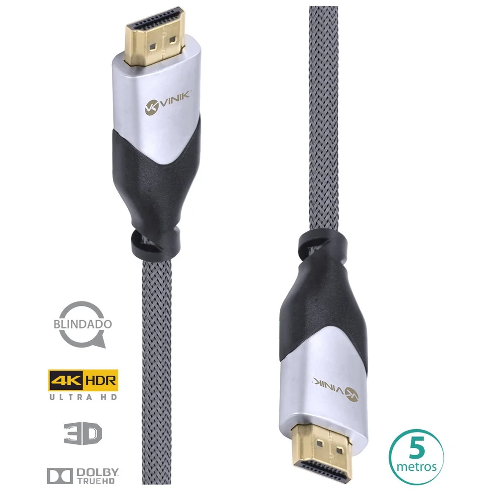 Imagem 3 de 5 do produto Cabo HDMI 2.0 Vinik, 4K Ultra HD, 3D, Ethernet, Blindado Em Nylon, 5M - H20B-5