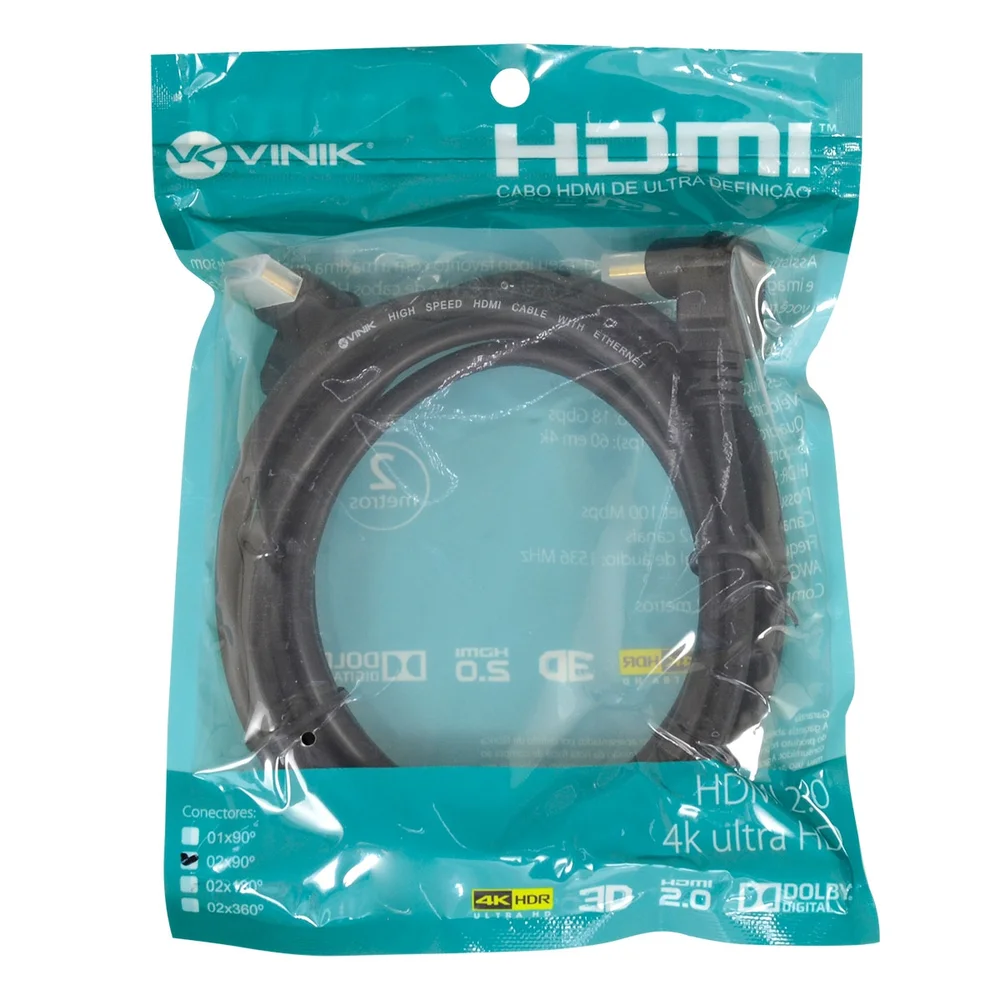 Imagem 3 de 5 do produto Cabo HDMI 2.0 4k Ultra Hd 3d Conexao Ethernet Com 01 Conector 90o 2 Metros - H2090-2