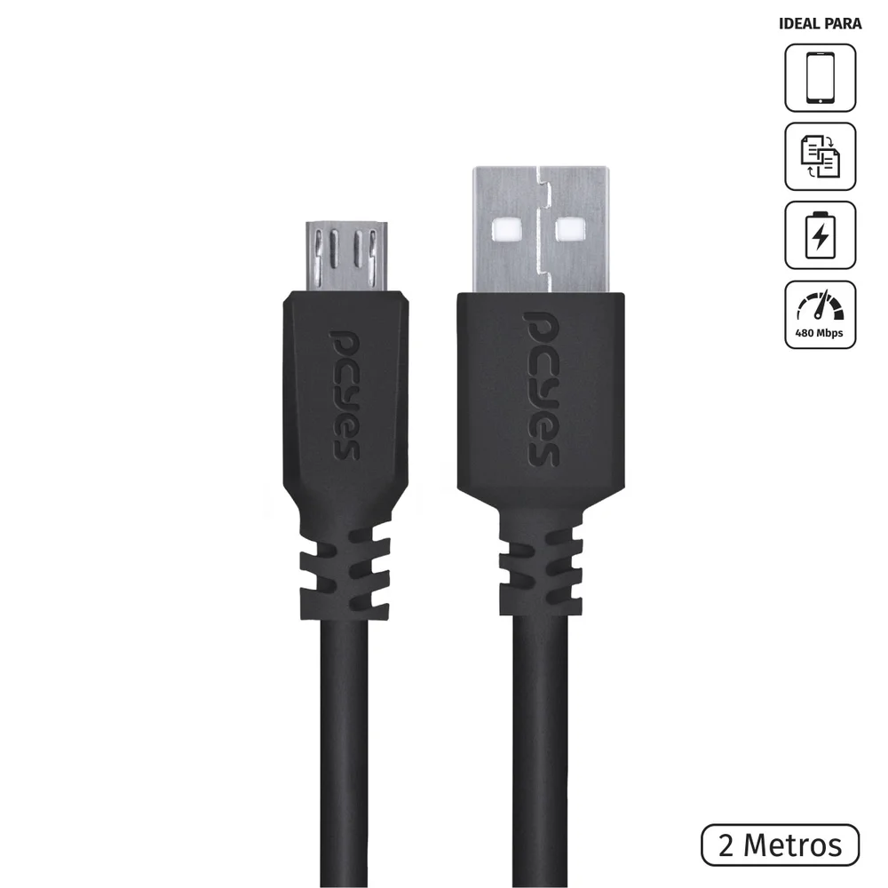 Imagem 4 de 5 do produto Cabo Micro USB x USB A 2.0 Pcyes, Para Celular, 2M, Preto - PMUAP-2