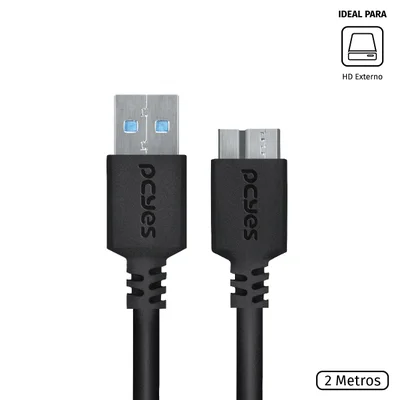 Cabo Para HD Externo, USB A 3.0 Para Micro USB B 3.0, 10 Pinos, PCYES 28awg, Puro Cobre, 2M - Puamcm3-2