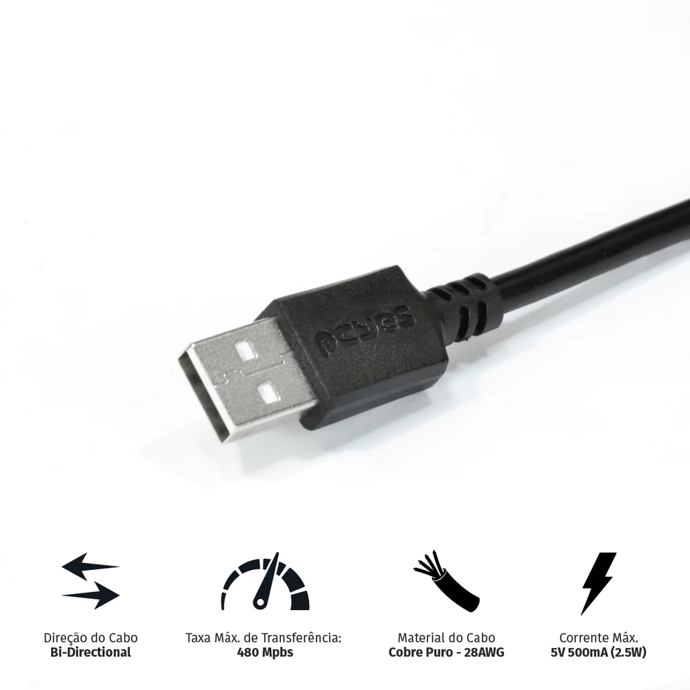 Imagem 4 de 5 do produto Cabo Usb A 2.0 Macho Para Mini Usb B Macho 28awg Puro Cobre 1 Metro - Puanm2-1
