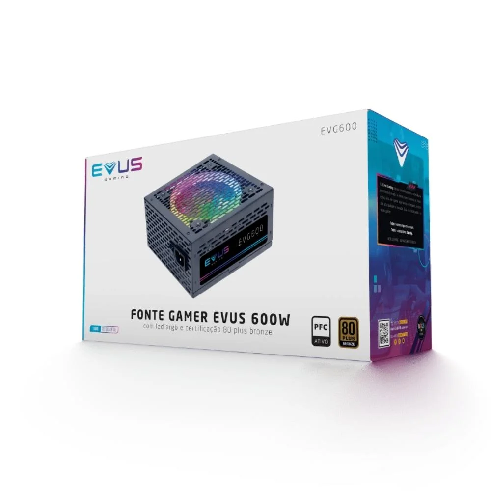 Fonte Evus Gamer, 600W, 80 Plus Bronze, LED RGB - EVG600