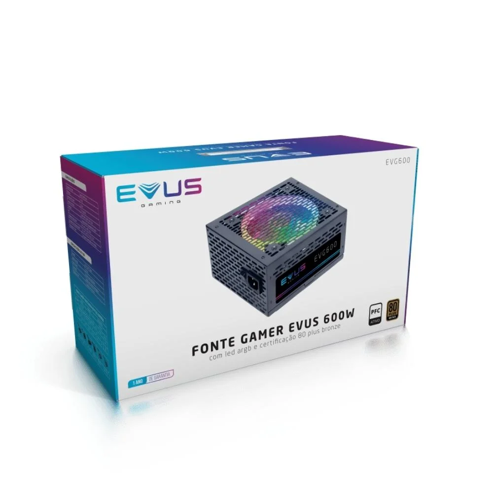 Imagem 3 de 5 do produto Fonte Evus Gamer, 600W, 80 Plus Bronze, LED RGB - EVG600