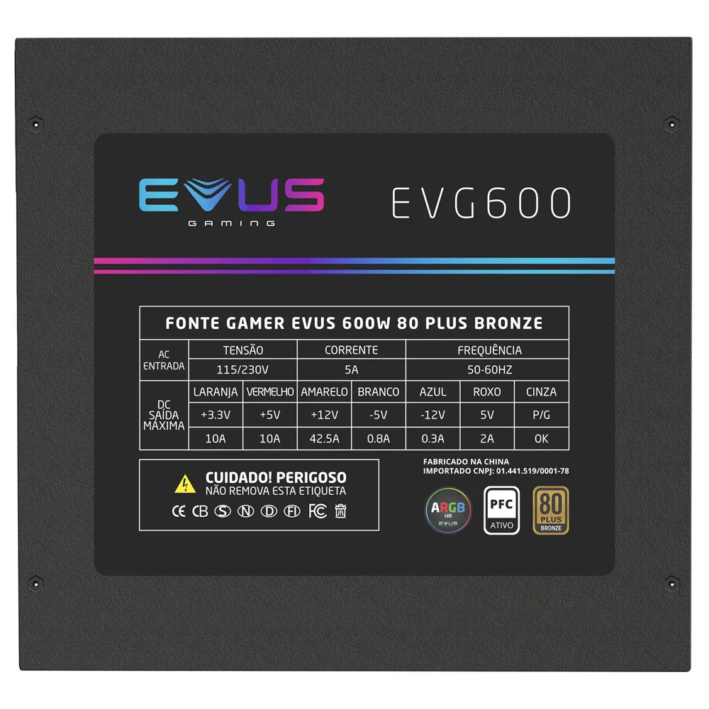 Imagem 4 de 5 do produto Fonte Evus Gamer, 600W, 80 Plus Bronze, LED RGB - EVG600