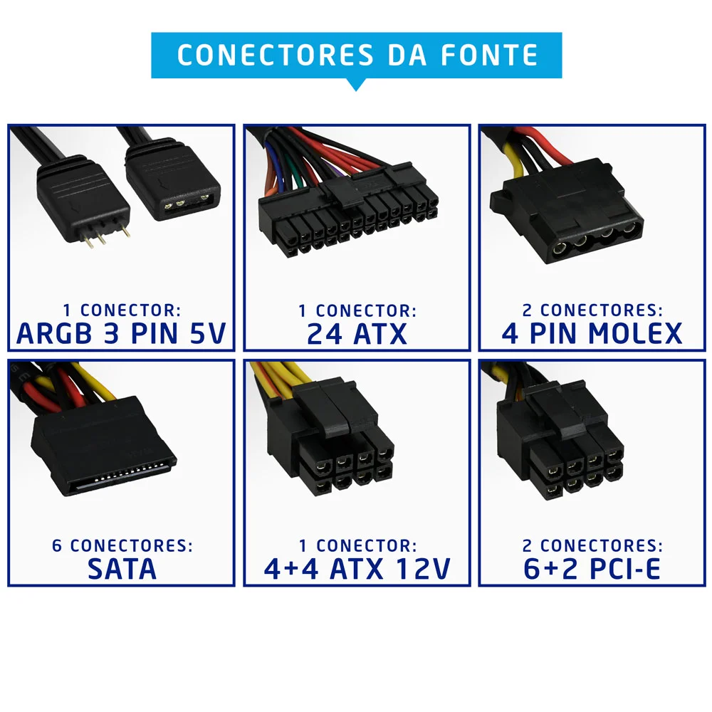 Imagem 5 de 5 do produto Fonte Evus Gamer, 600W, 80 Plus Bronze, LED RGB - EVG600