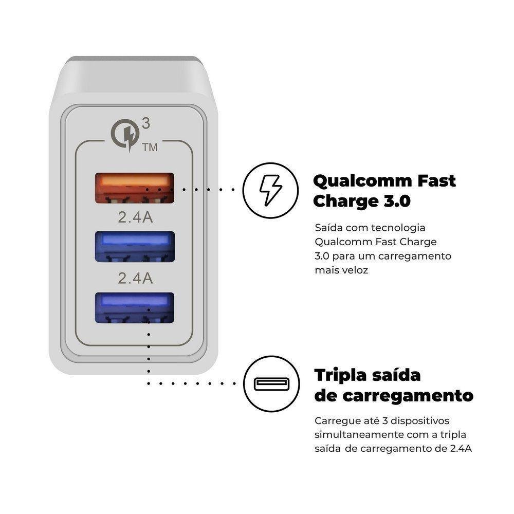 Imagem 5 de 5 do produto Kit Carregador Turbo Triplo + Cabo Dual Shock Micro Usb V8 Branco - Gshield
