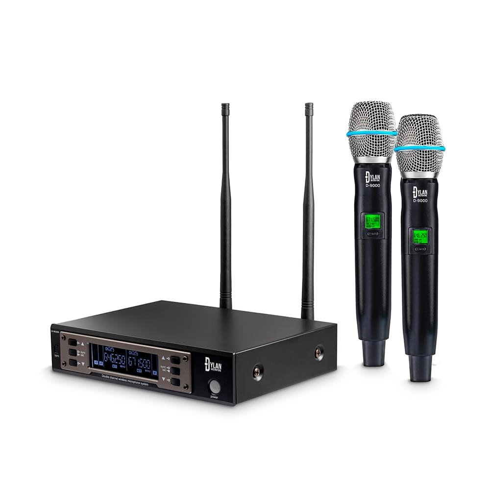 Microfone Duplo Sem Fio Uhf Dylan, 1 Receptor, 2 Antenas, Omnidirecional - D-9000