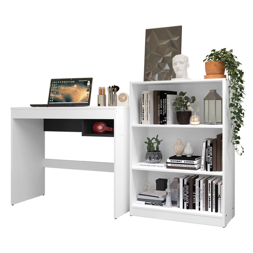 Escrivaninha Madesa Rubi + Estante Livreiro 6907 - Cor: branco