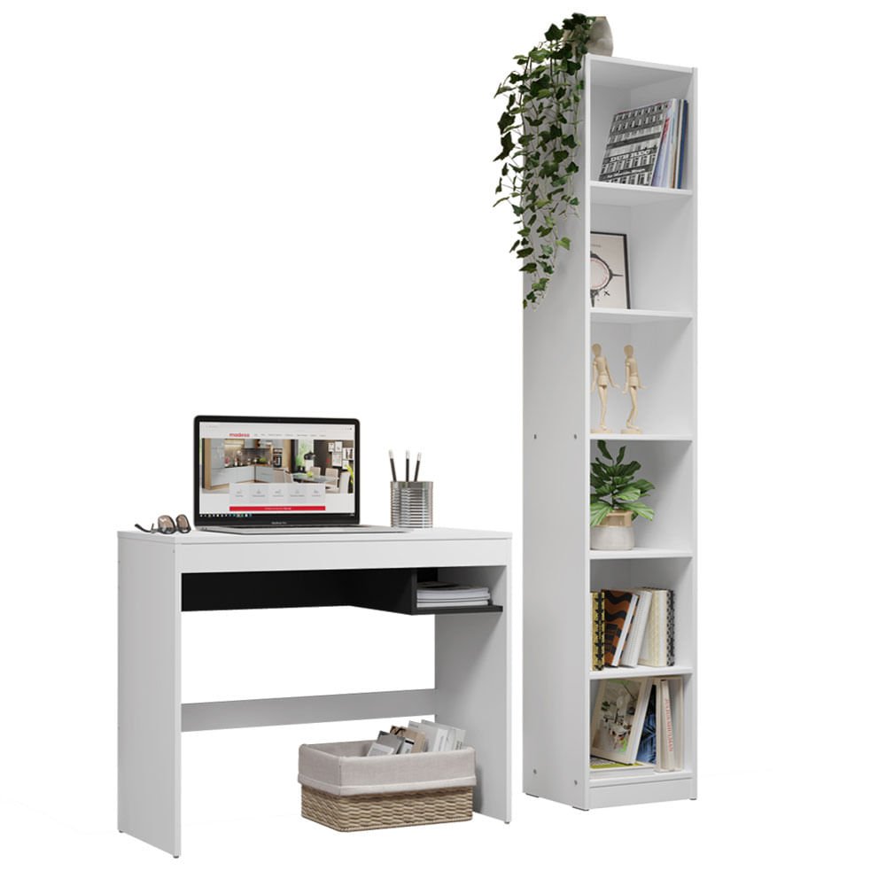 Escrivaninha Madesa Rubi + Estante Livreiro 6906 - Cor: branco