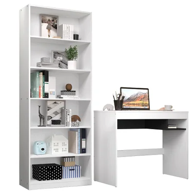 Escrivaninha Madesa Rubi, Branco + Estante Livreiro 6908, Branco