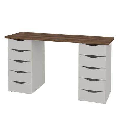 Mesa Para Computador Com 10 Gavetas Due – Artany - Nogal / Branco