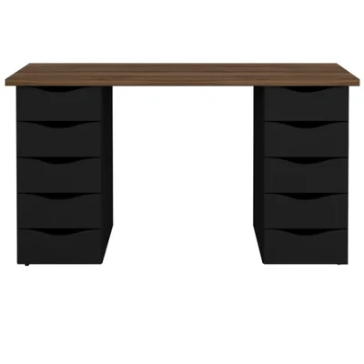 Mesa Para Computador Com 10 Gavetas Due – Artany - Nogal / Preto