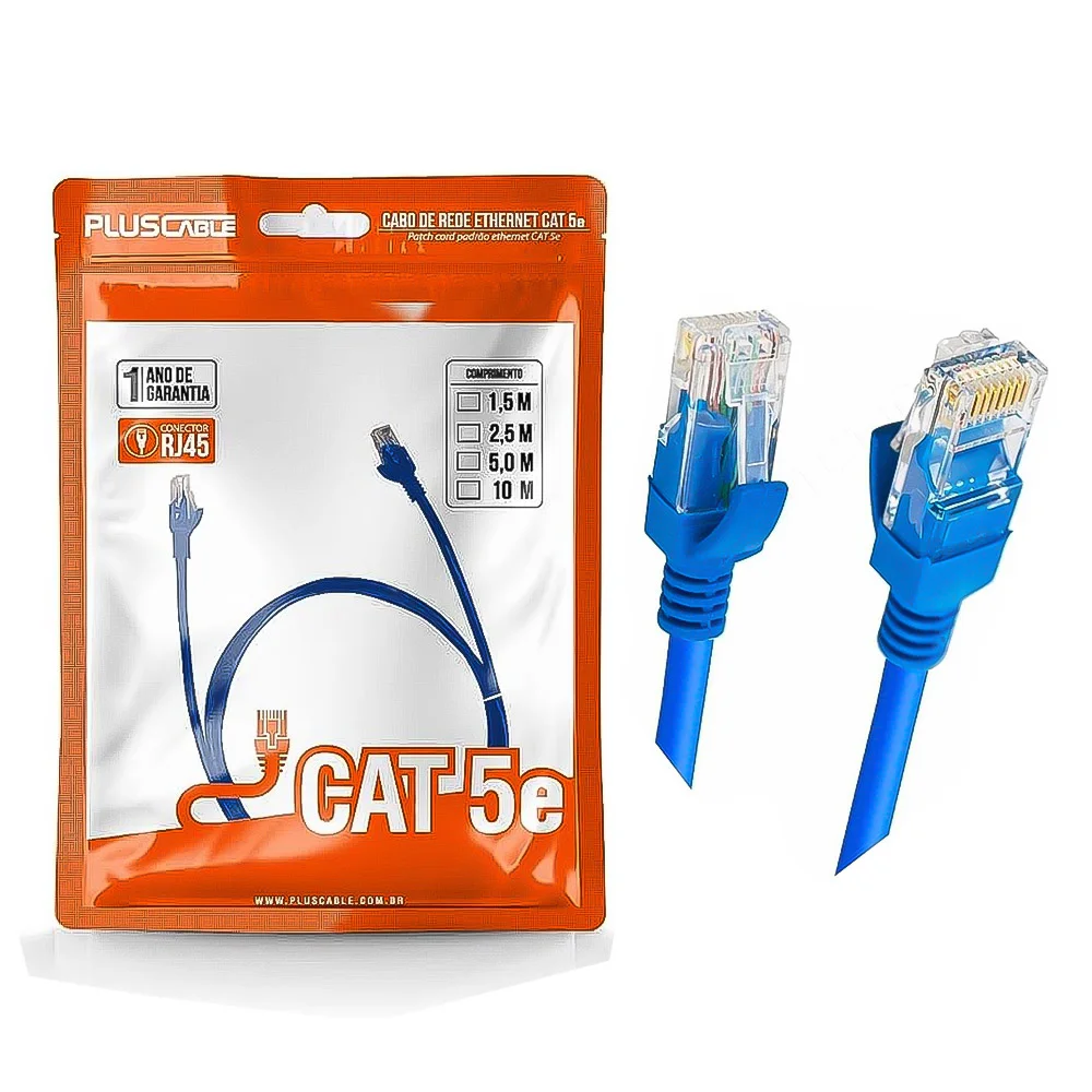 Imagem 3 de 5 do produto Cabo De Rede Utp (patch Cord) Rj45 Cat 5e - 5 Metros - Azul - Plus Cable - Pc-ethu50bl