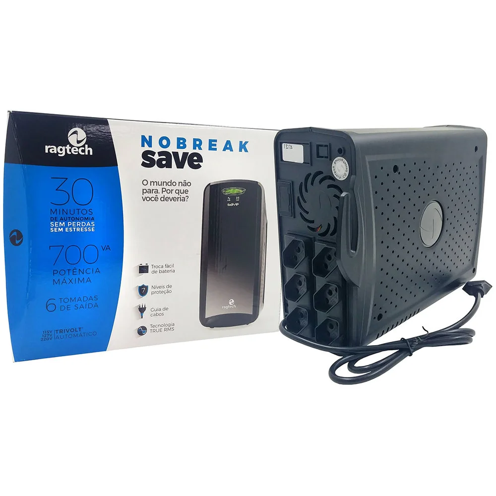 Imagem 3 de 5 do produto Nobreak Ragtech Save 700va Trivolt Automático, 115v, 127v, 220v, Saída 115v, 6 Tomadas