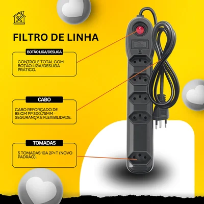 Filtro De Linha 5 Tomadas Megatron 3 X 0,75mm , 1m, 10a Sm - Preto — foto 5
